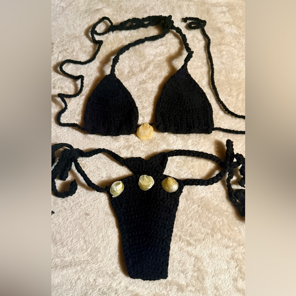 Handmade Black Crochet Bikini with Gold Shell Accents, XS